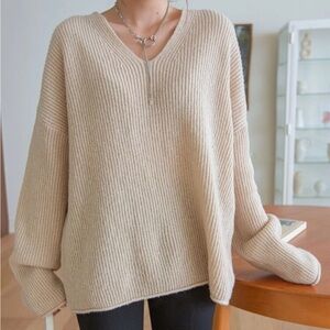 Oversized V-Neck Ribbed Knit Sweater